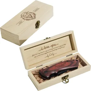 Personalized Custom Engraved Pocket Folding Knife with Wood Box for Boyfriend Husband Dad Son - Men Unique Fishing Hunting Knife - Valentines Birthday Christmas Anniversary Fathers Day Graduation Gift