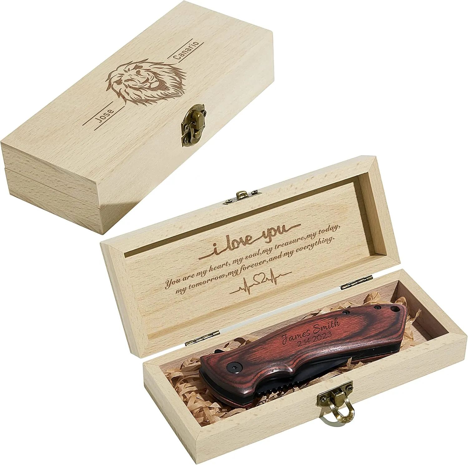 Personalized Custom Engraved Pocket Folding Knife with Wood Box for Boyfriend Husband Dad Son - Men Unique Fishing Hunting Knife - Valentines Birthday Christmas Anniversary Fathers Day Graduation Gift
