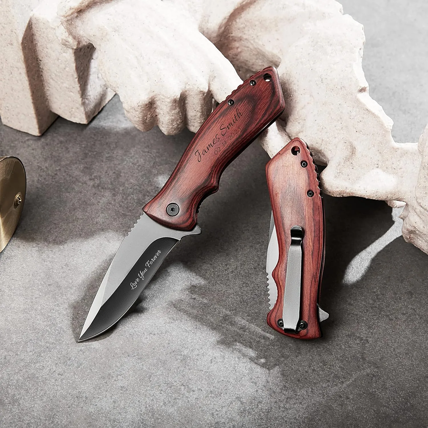 Personalized Custom Engraved Pocket Folding Knife with Wood Box for Boyfriend Husband Dad Son - Men Unique Fishing Hunting Knife - Valentines Birthday Christmas Anniversary Fathers Day Graduation Gift