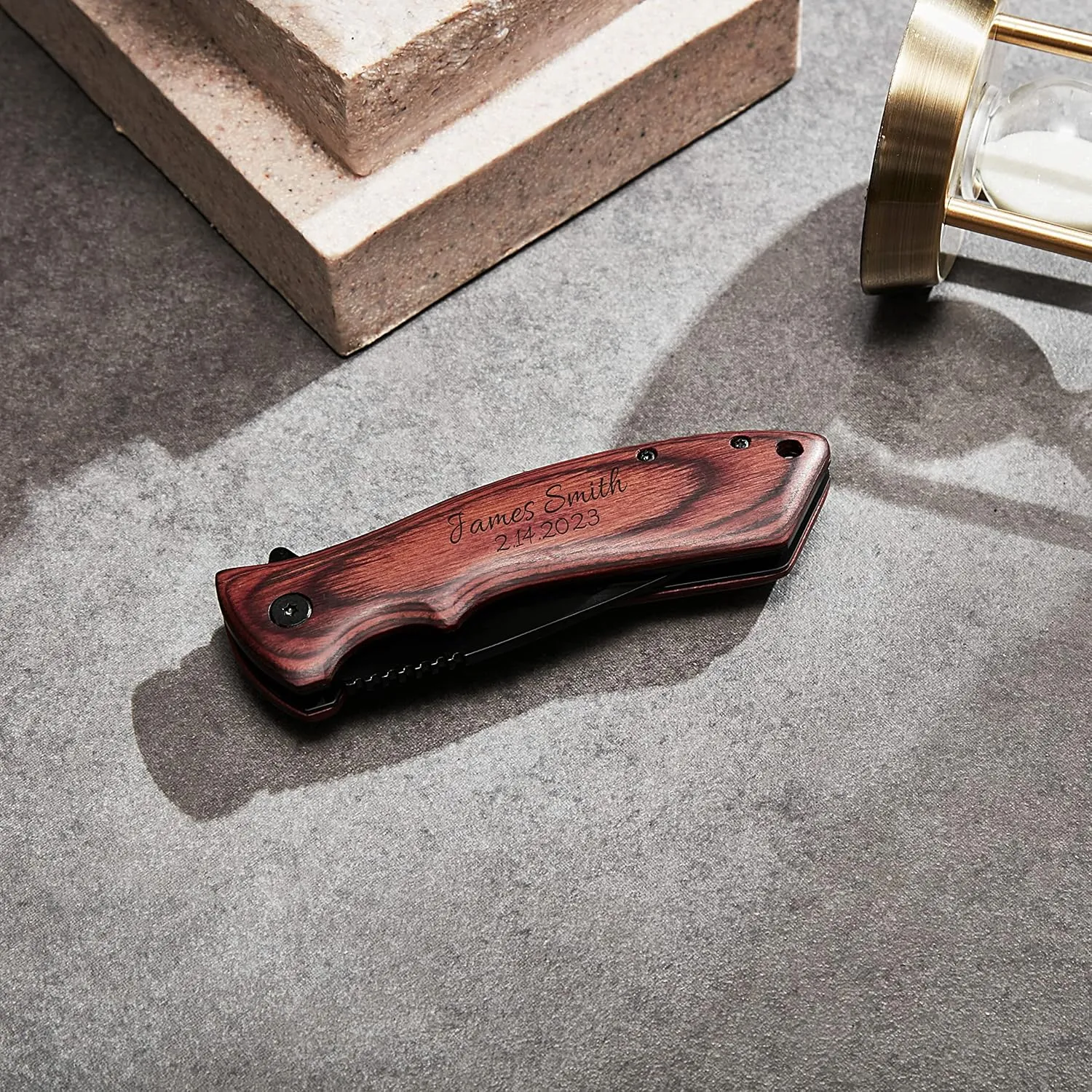 Personalized Custom Engraved Pocket Folding Knife with Wood Box for Boyfriend Husband Dad Son - Men Unique Fishing Hunting Knife - Valentines Birthday Christmas Anniversary Fathers Day Graduation Gift