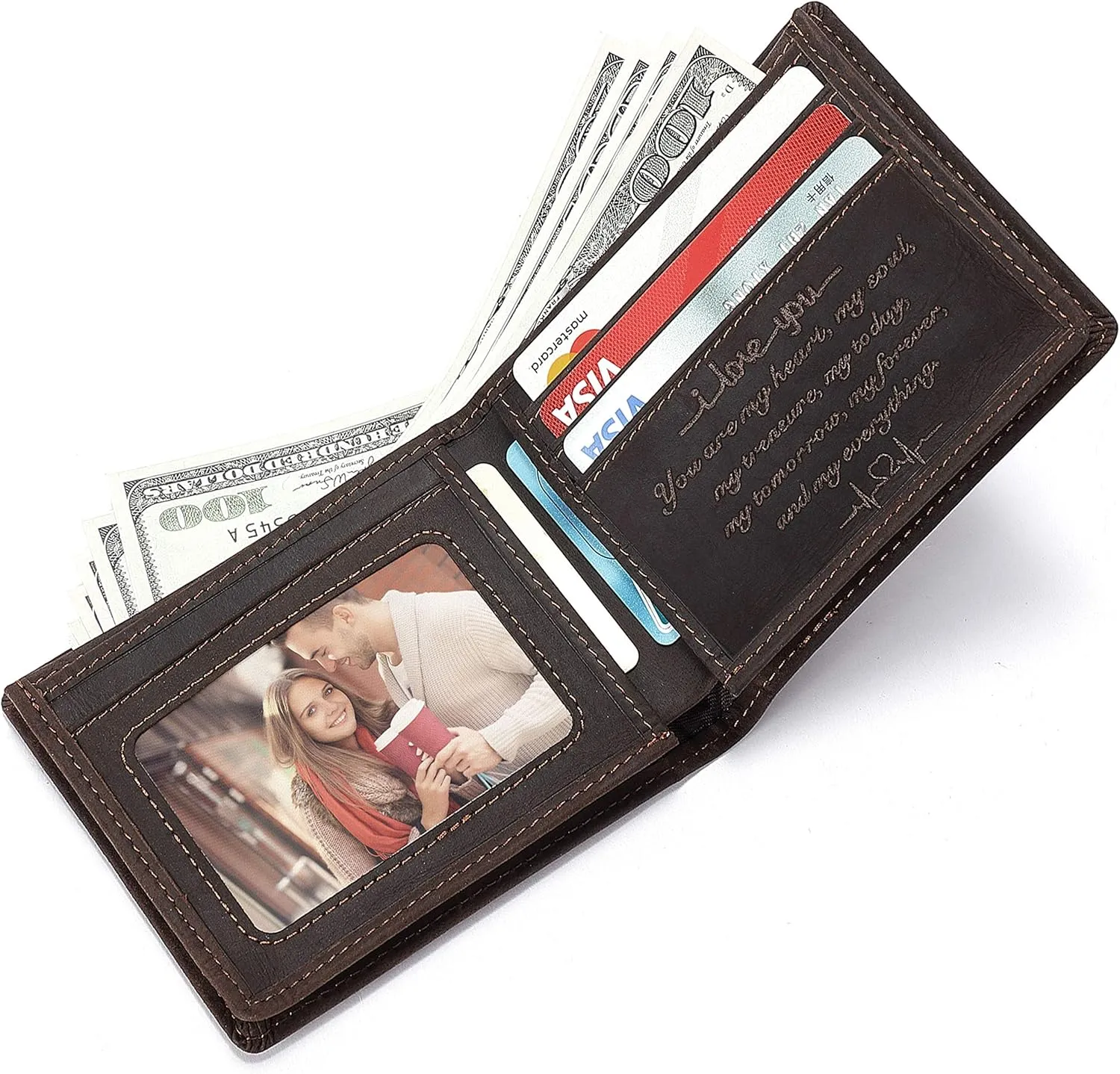 Personalized Engraved Leather Wallet for Dad Son Husband Boyfriend - Perfect for Christmas Anniversary Birthday Fathers Day Valentines Graduation Wedding - Custom Love Message Bifold Wallets for Men