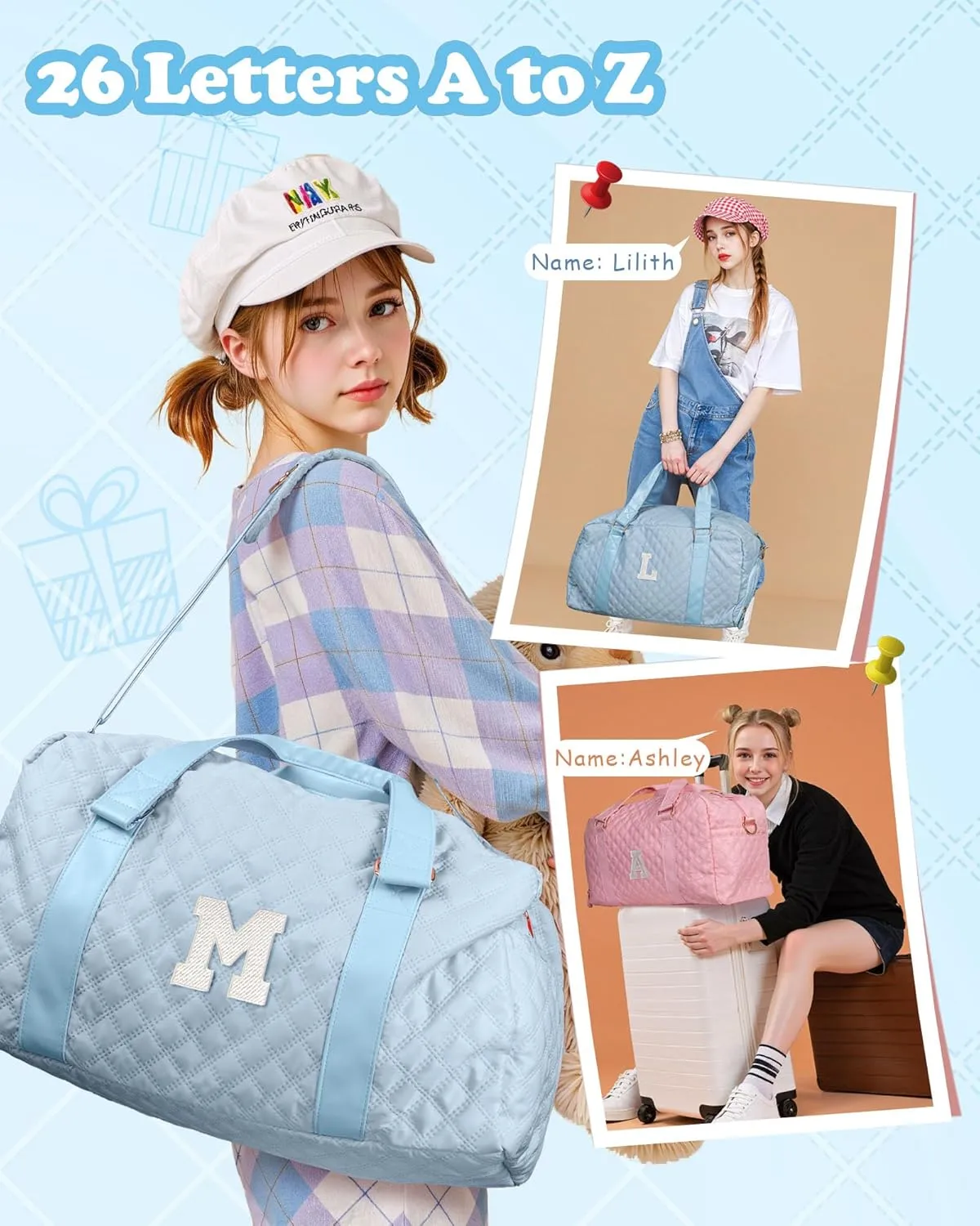 Personalized Gifts for Girls 8-18 Age, Initial Travel Duffel Bag, Gym Bag, Gift for Kids, Monogram Overnight Bag, Niece Gifts Mother In Law Gifts Birthday Gifts, Graduation Gifts