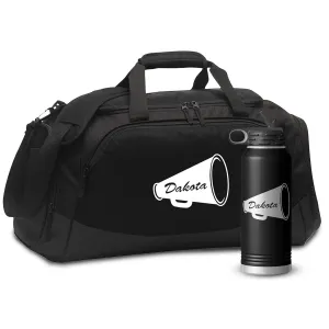 Personalized Gym Duffle Bag with Shoe Compartment | Duffle Bag for Travel with Gear Organizer & Engraved Water Bottle | Cheer Megaphone Duffle Bag for Men, Women, Kids, & Teens