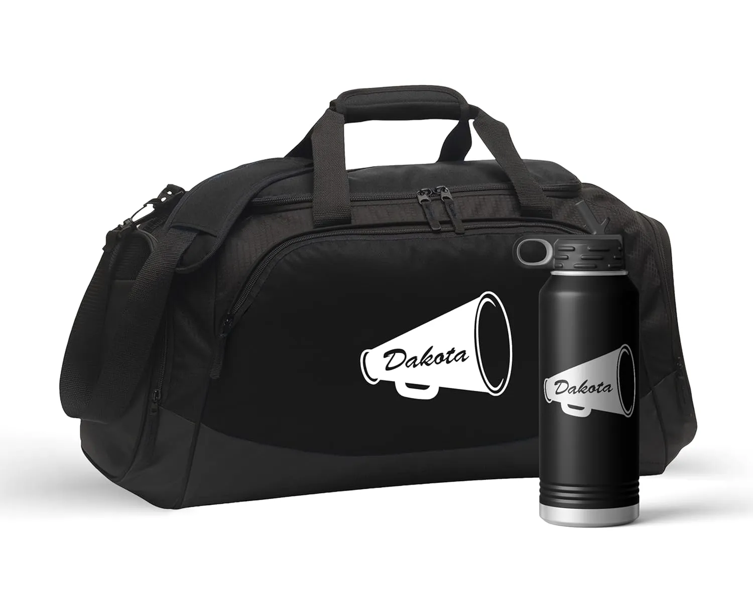 Personalized Gym Duffle Bag with Shoe Compartment | Duffle Bag for Travel with Gear Organizer & Engraved Water Bottle | Cheer Megaphone Duffle Bag for Men, Women, Kids, & Teens
