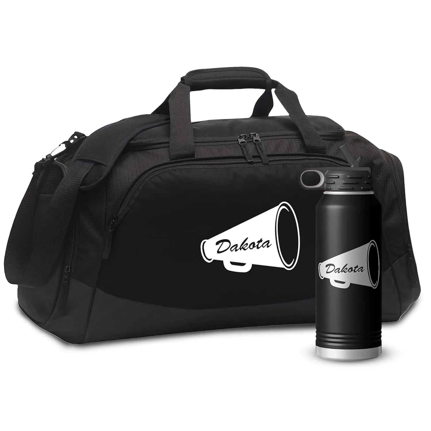 Personalized Gym Duffle Bag with Shoe Compartment | Duffle Bag for Travel with Gear Organizer & Engraved Water Bottle | Cheer Megaphone Duffle Bag for Men, Women, Kids, & Teens