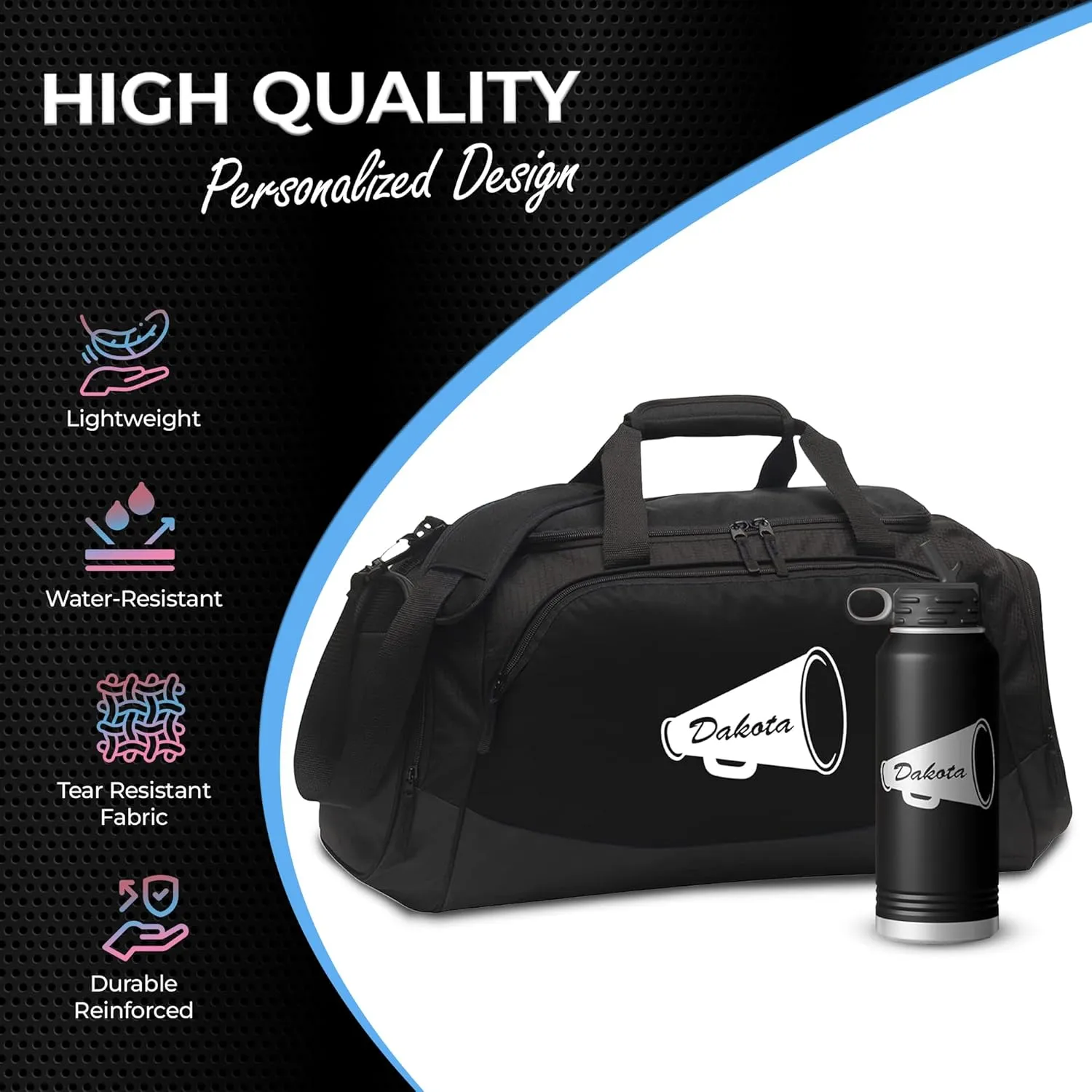 Personalized Gym Duffle Bag with Shoe Compartment | Duffle Bag for Travel with Gear Organizer & Engraved Water Bottle | Cheer Megaphone Duffle Bag for Men, Women, Kids, & Teens
