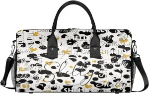 Personalized Initial Travel Duffel Bag, Sports Gym Bag, Custom Name Weekender Bag Monogram Overnight Bag Birthday Gifts Daughter Gifts Friend Gifts Black White Golden Dots