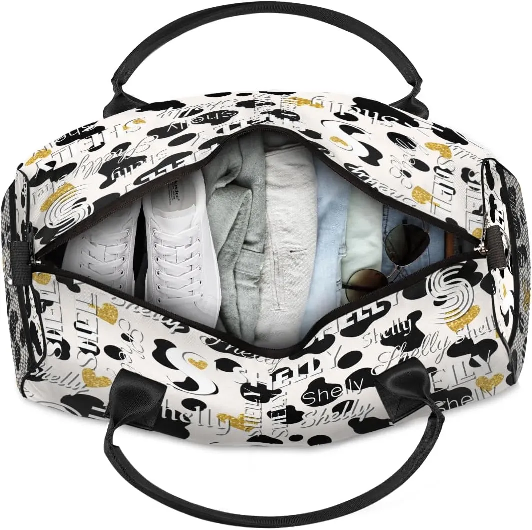 Personalized Initial Travel Duffel Bag, Sports Gym Bag, Custom Name Weekender Bag Monogram Overnight Bag Birthday Gifts Daughter Gifts Friend Gifts Black White Golden Dots