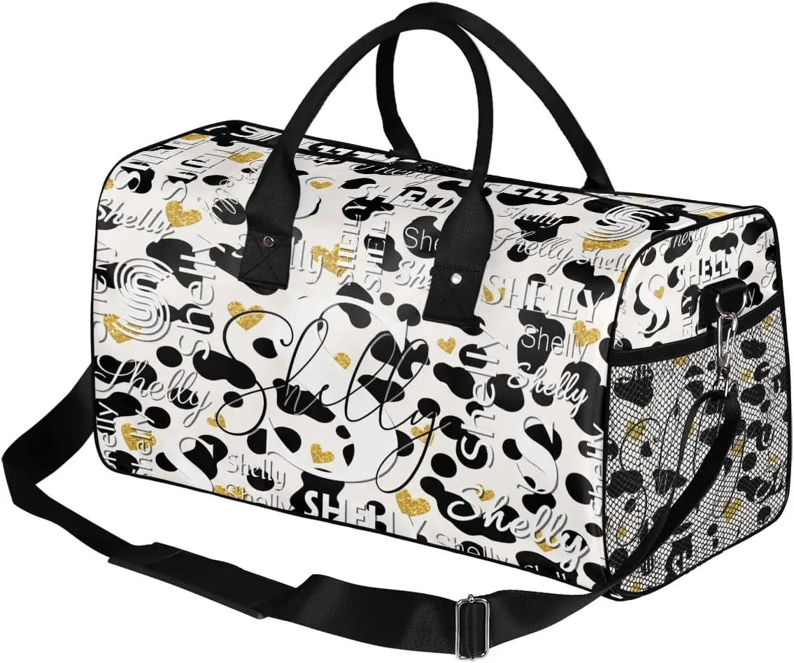 Personalized Initial Travel Duffel Bag, Sports Gym Bag, Custom Name Weekender Bag Monogram Overnight Bag Birthday Gifts Daughter Gifts Friend Gifts Black White Golden Dots