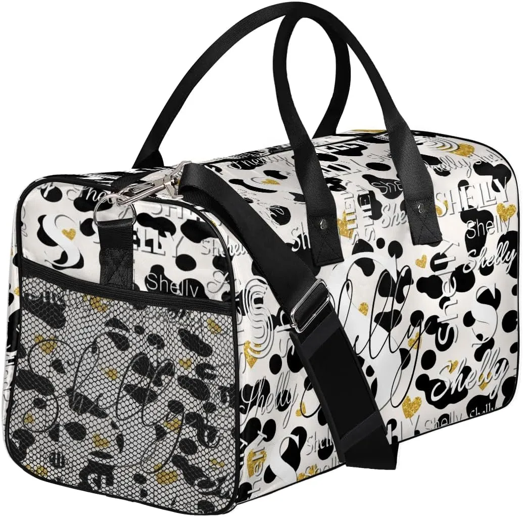 Personalized Initial Travel Duffel Bag, Sports Gym Bag, Custom Name Weekender Bag Monogram Overnight Bag Birthday Gifts Daughter Gifts Friend Gifts Black White Golden Dots