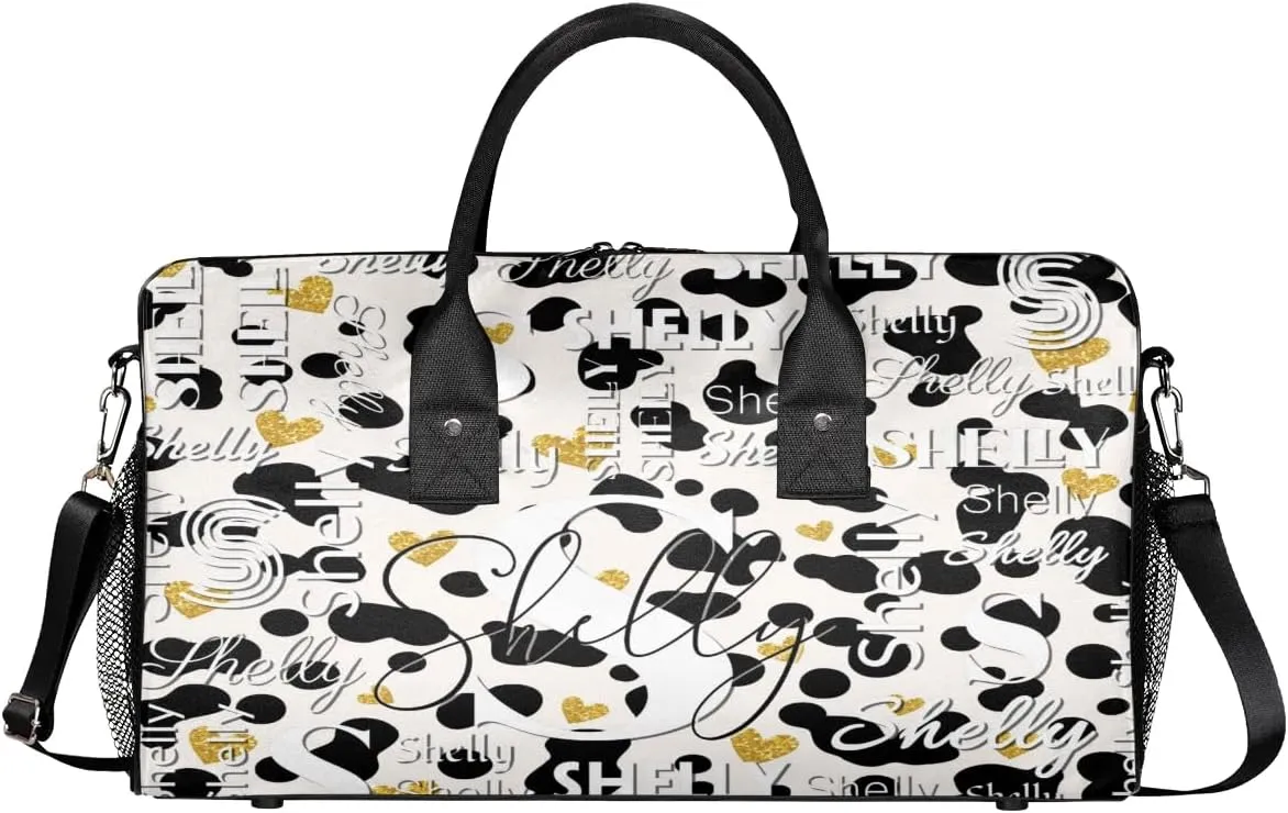 Personalized Initial Travel Duffel Bag, Sports Gym Bag, Custom Name Weekender Bag Monogram Overnight Bag Birthday Gifts Daughter Gifts Friend Gifts Black White Golden Dots