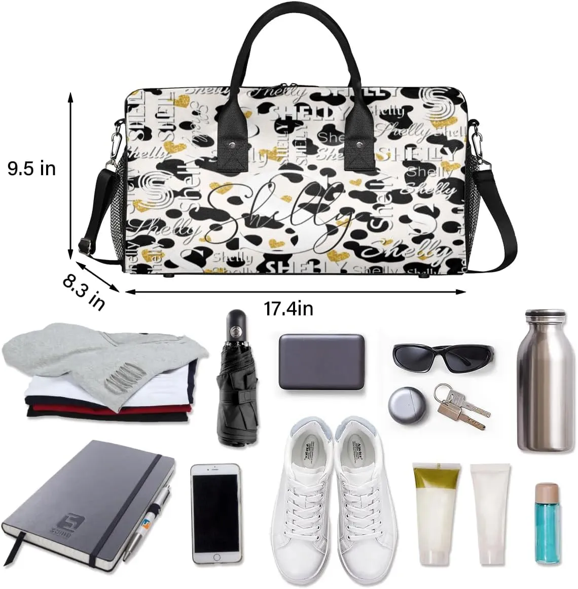Personalized Initial Travel Duffel Bag, Sports Gym Bag, Custom Name Weekender Bag Monogram Overnight Bag Birthday Gifts Daughter Gifts Friend Gifts Black White Golden Dots