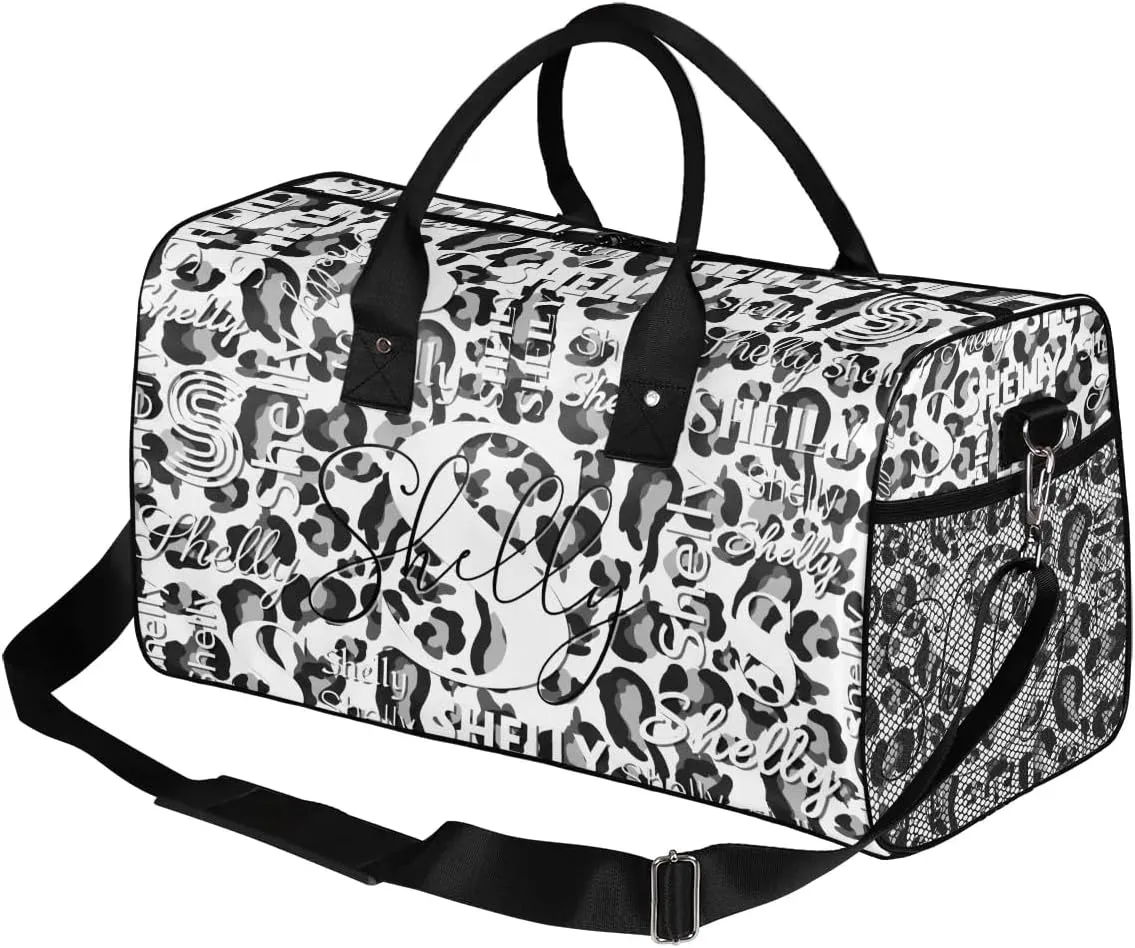 Personalized Initial Travel Duffel Bag, Sports Gym Bag, Custom Name Weekender Bag Monogram Overnight Bag Birthday Gifts Daughter Gifts Friend Gifts Black White Leopard
