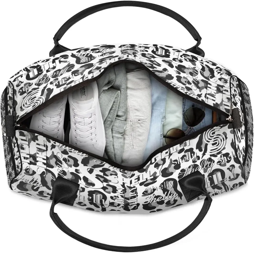 Personalized Initial Travel Duffel Bag, Sports Gym Bag, Custom Name Weekender Bag Monogram Overnight Bag Birthday Gifts Daughter Gifts Friend Gifts Black White Leopard