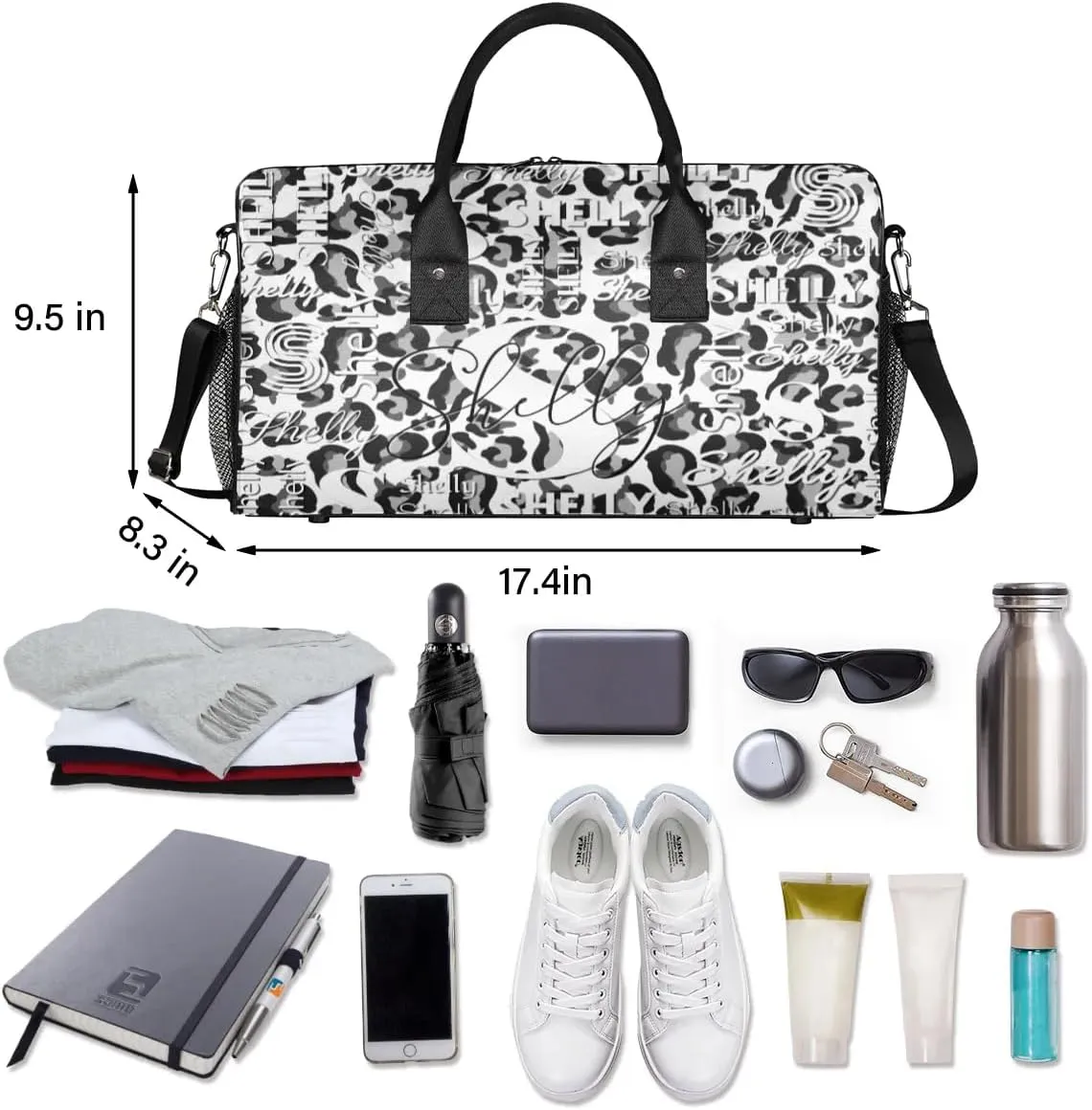 Personalized Initial Travel Duffel Bag, Sports Gym Bag, Custom Name Weekender Bag Monogram Overnight Bag Birthday Gifts Daughter Gifts Friend Gifts Black White Leopard