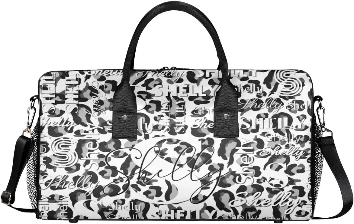 Personalized Initial Travel Duffel Bag, Sports Gym Bag, Custom Name Weekender Bag Monogram Overnight Bag Birthday Gifts Daughter Gifts Friend Gifts Black White Leopard