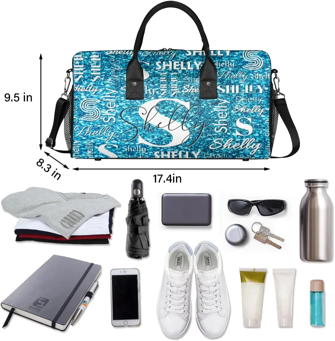 Personalized Initial Travel Duffel Bag, Sports Gym Bag, Custom Name Weekender Bag Monogram Overnight Bag Birthday Gifts Daughter Gifts Friend Gifts Blue Glitter