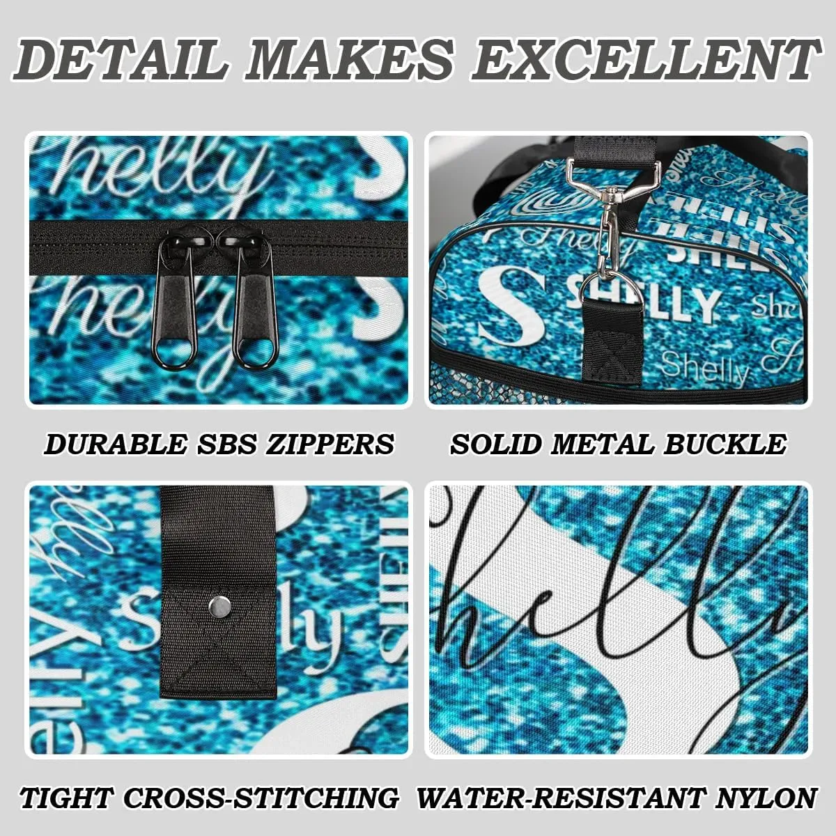 Personalized Initial Travel Duffel Bag, Sports Gym Bag, Custom Name Weekender Bag Monogram Overnight Bag Birthday Gifts Daughter Gifts Friend Gifts Blue Glitter