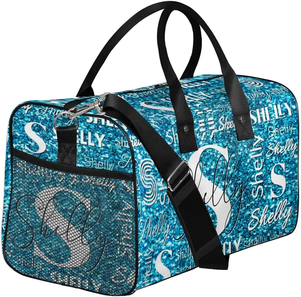 Personalized Initial Travel Duffel Bag, Sports Gym Bag, Custom Name Weekender Bag Monogram Overnight Bag Birthday Gifts Daughter Gifts Friend Gifts Blue Glitter