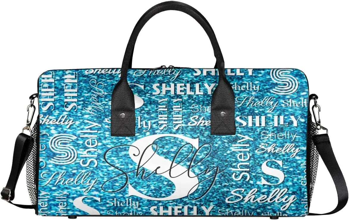 Personalized Initial Travel Duffel Bag, Sports Gym Bag, Custom Name Weekender Bag Monogram Overnight Bag Birthday Gifts Daughter Gifts Friend Gifts Blue Glitter