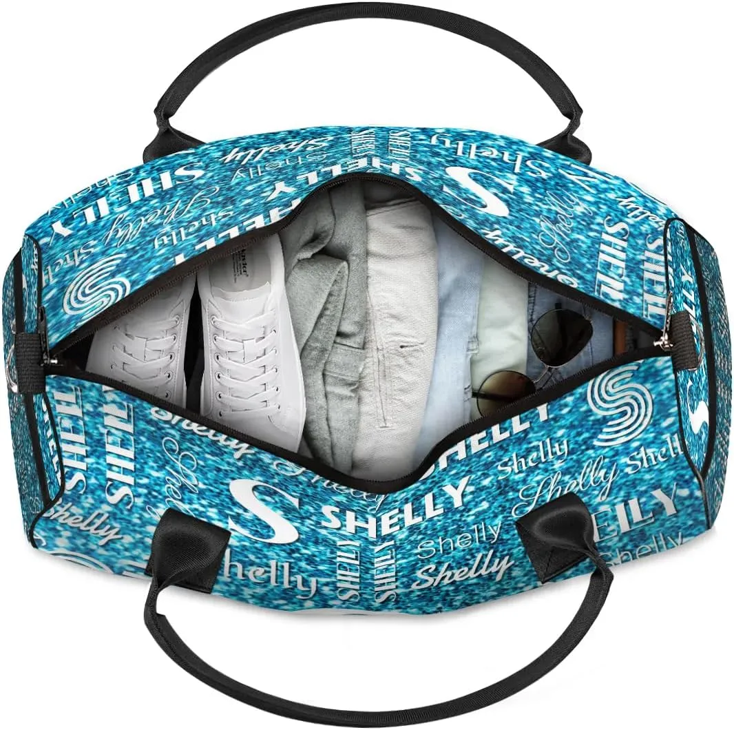 Personalized Initial Travel Duffel Bag, Sports Gym Bag, Custom Name Weekender Bag Monogram Overnight Bag Birthday Gifts Daughter Gifts Friend Gifts Blue Glitter