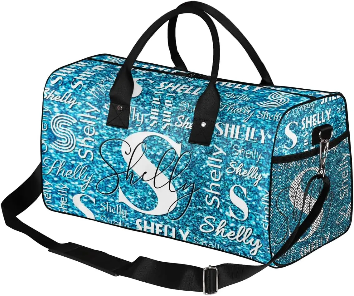 Personalized Initial Travel Duffel Bag, Sports Gym Bag, Custom Name Weekender Bag Monogram Overnight Bag Birthday Gifts Daughter Gifts Friend Gifts Blue Glitter