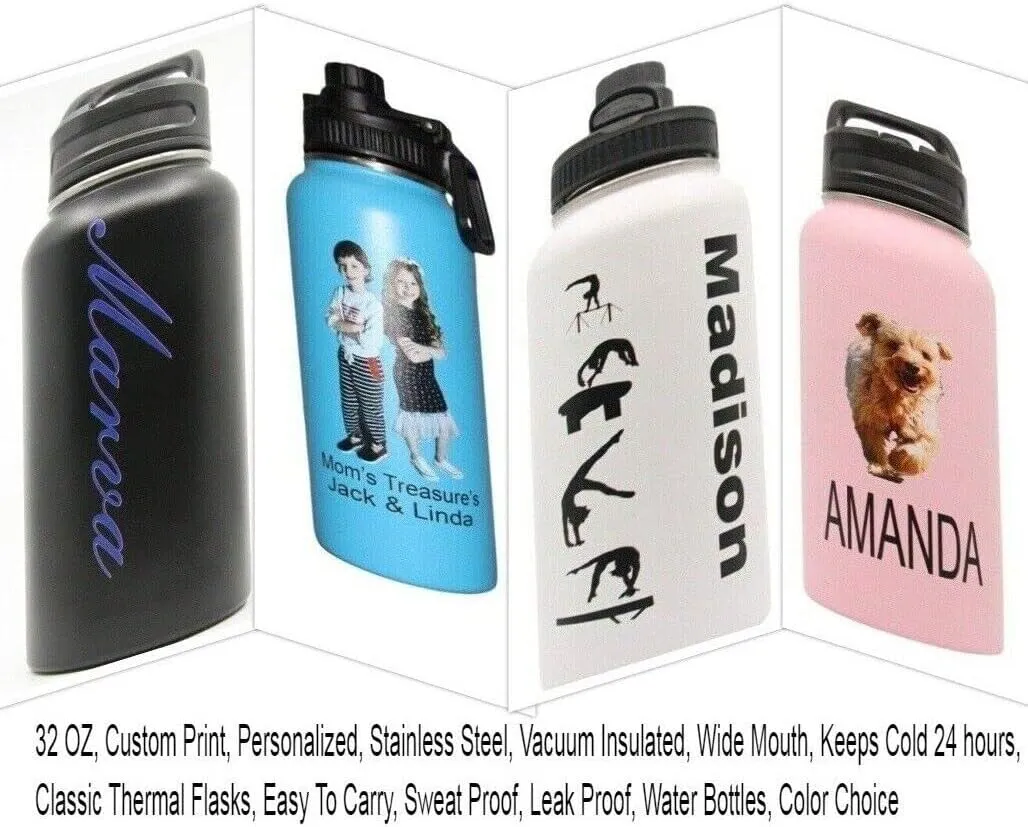 Personalized Insulated Stainless Steel Sports 18/32oz Water Bottle Custom Print Engraved Keeps Cold for 24 Hours Classic Easy To Carry Thermal Flasks Color & Design Choice (32oz Bottle W/Photo)