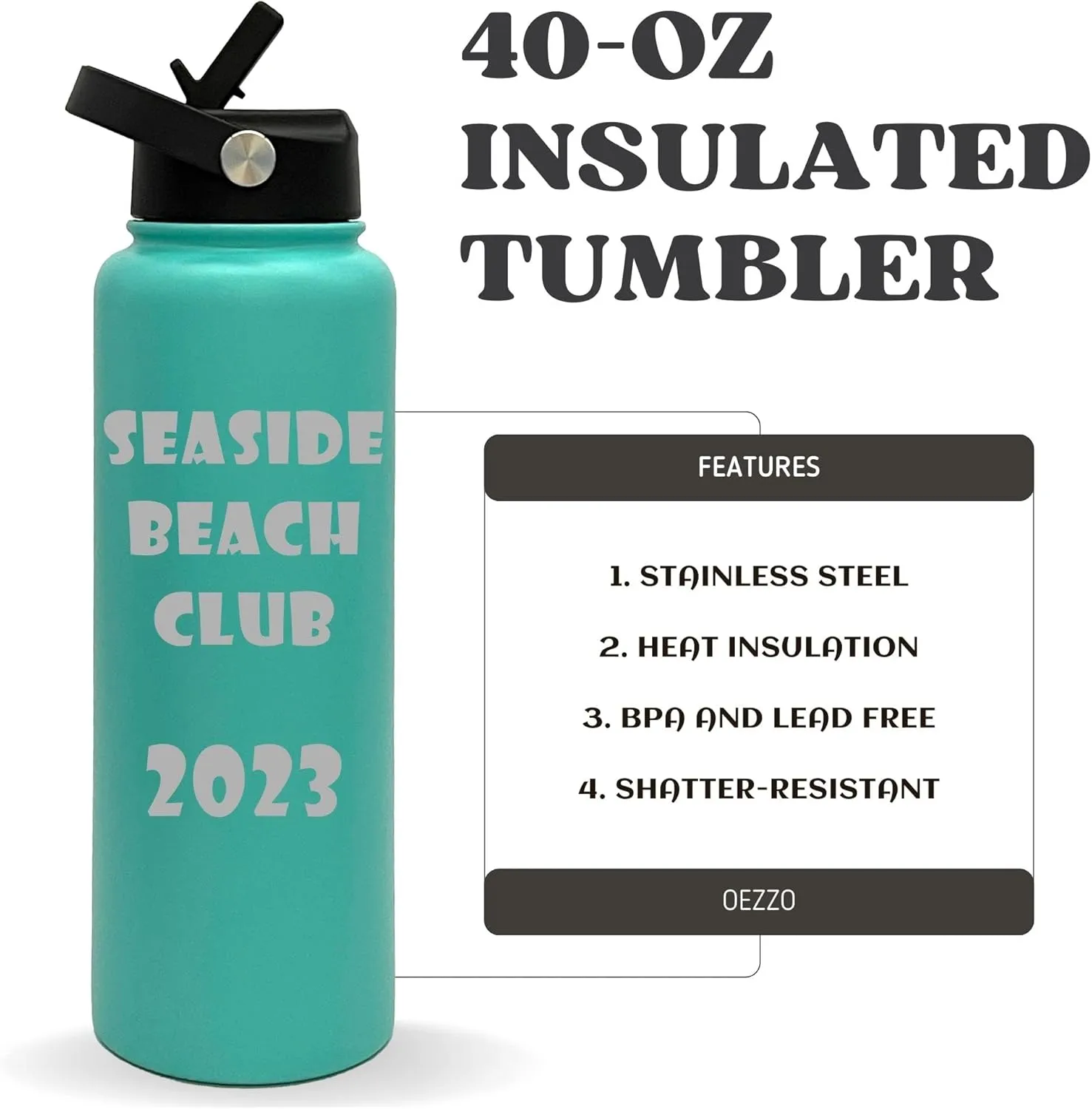 Personalized Insulated Tumblers, Double Wall Customized Bottles with Leak Proof Upgraded Slider Lid, Laser Engraved Text for Holidays, Gifts, Nurses and Relatives (40oz, Seafoam)