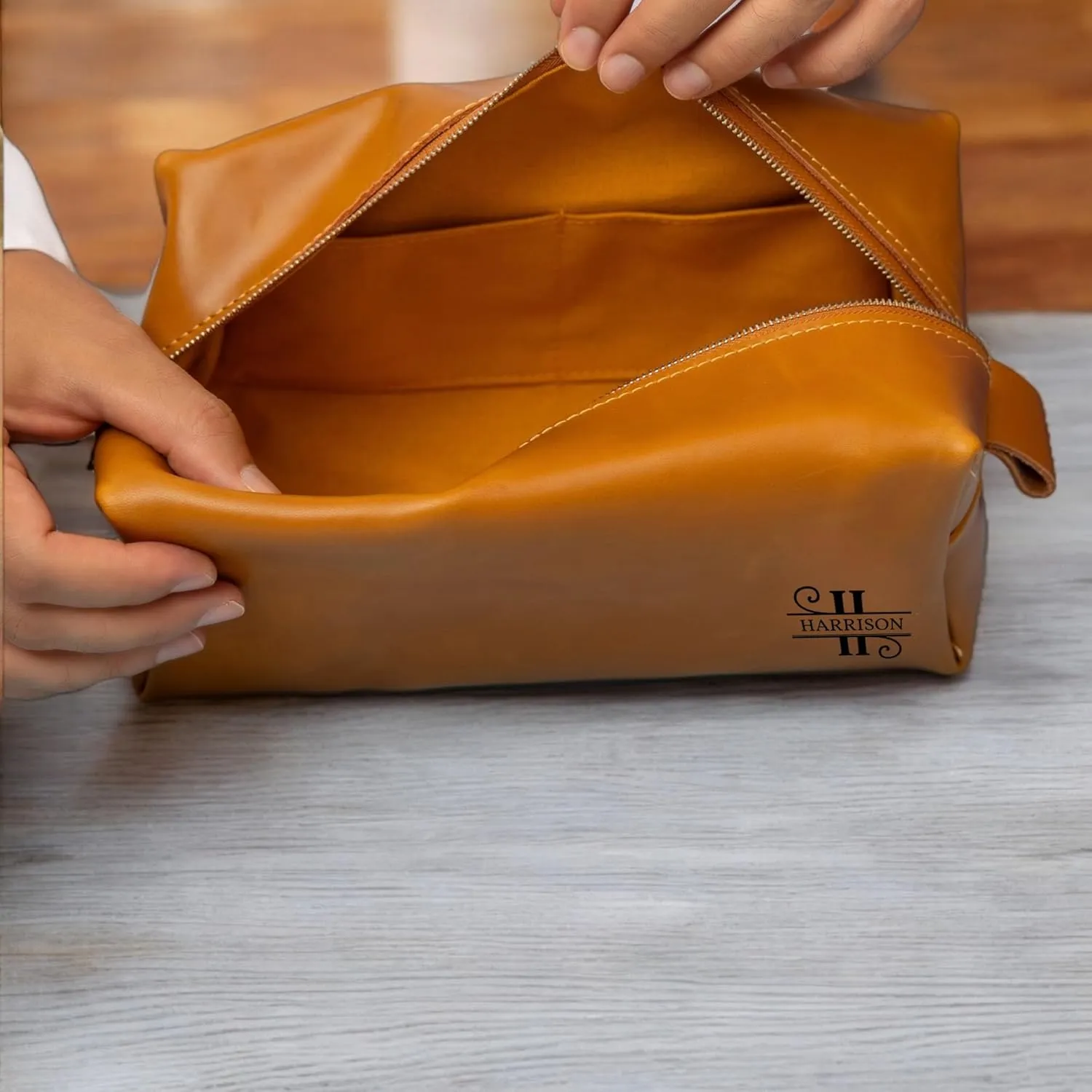 Personalized Leather Toiletry Bag for Men | Dopp Kit Gift with Monogram Option | Custom Engraved Leather Travel Accessory for Groomsmen Father Dad (Light Brown, Large (8" * 4" * 4"))