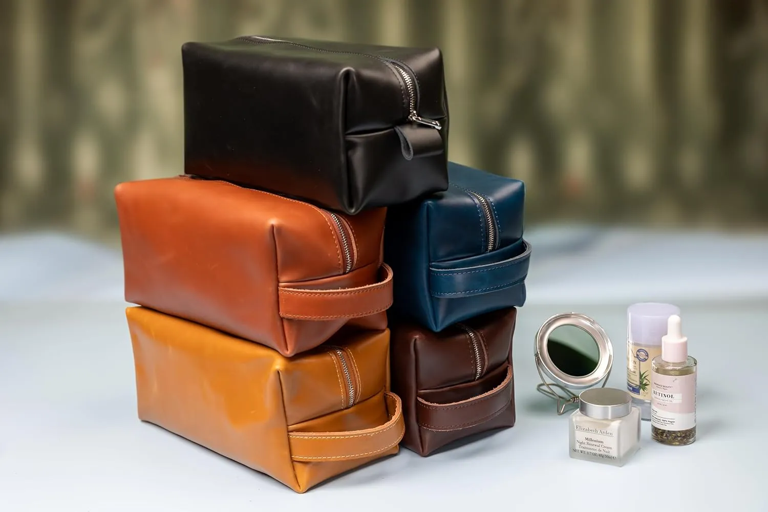 Personalized Leather Toiletry Bag for Men | Dopp Kit Gift with Monogram Option | Custom Engraved Leather Travel Accessory for Groomsmen Father Dad (Light Brown, Large (8" * 4" * 4"))
