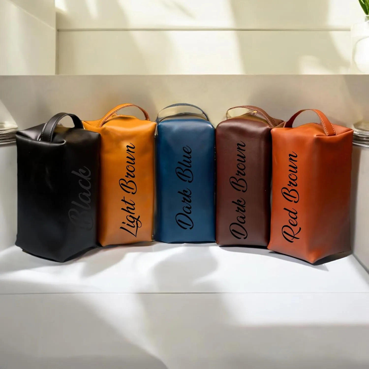 Personalized Leather Toiletry Bag for Men | Dopp Kit Gift with Monogram Option | Custom Engraved Leather Travel Accessory for Groomsmen Father Dad (Light Brown, Large (8" * 4" * 4"))