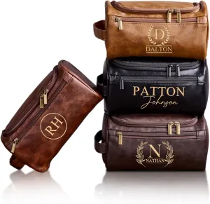Personalized Leather Toiletry Bag for Men - Engraved Name Initials, Custom Travel Shaving Dopp Kit, Waterproof Hanging Toiletry Bag, Perfect Gifts for Dad, Husband, Grandpa, Groomsmen