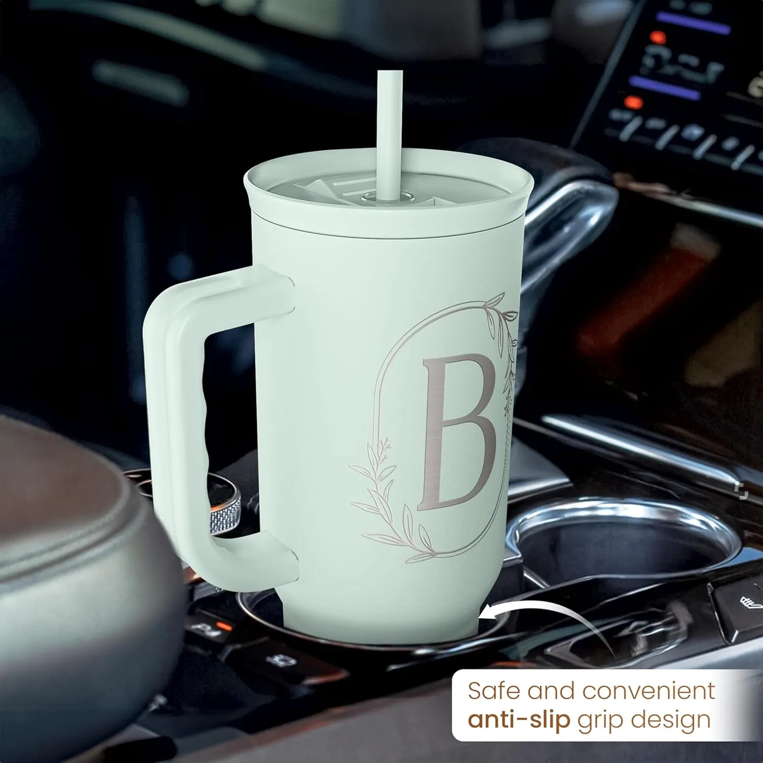 Personalized Monogrammed Tumbler with Handle 40oz, Letter B Tumblers Insulated Coffee Travel Cup, Custom Initial Gift for Women Girls Friends, Monogram Gift for Christmas Birthday Mothers Day