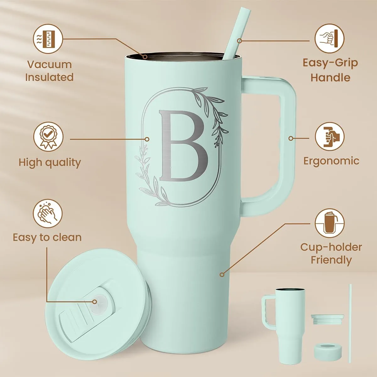 Personalized Monogrammed Tumbler with Handle 40oz, Letter B Tumblers Insulated Coffee Travel Cup, Custom Initial Gift for Women Girls Friends, Monogram Gift for Christmas Birthday Mothers Day