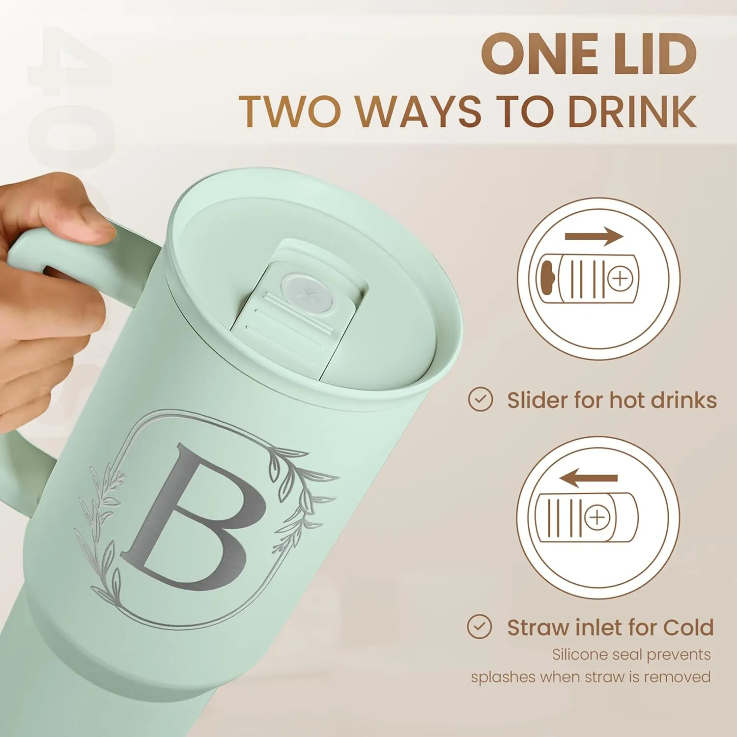Personalized Monogrammed Tumbler with Handle 40oz, Letter B Tumblers Insulated Coffee Travel Cup, Custom Initial Gift for Women Girls Friends, Monogram Gift for Christmas Birthday Mothers Day