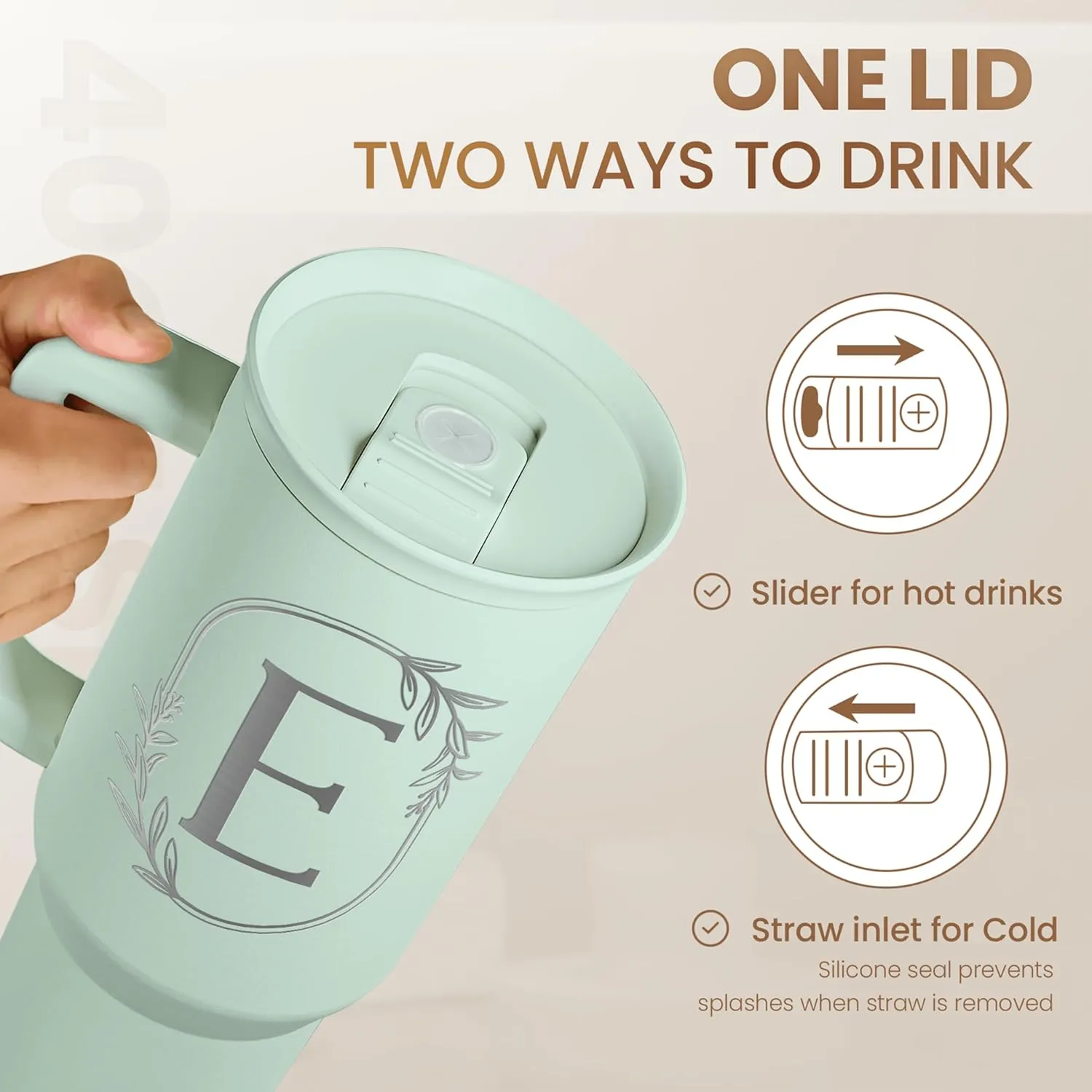 Personalized Monogrammed Tumbler with Handle 40oz, Letter E Tumblers Insulated Coffee Travel Cup, Custom Initial Gift for Women Girls Friends, Monogram Gift for Christmas Birthday Mothers Day