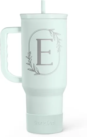 Personalized Monogrammed Tumbler with Handle 40oz, Letter E Tumblers Insulated Coffee Travel Cup, Custom Initial Gift for Women Girls Friends, Monogram Gift for Christmas Birthday Mothers Day