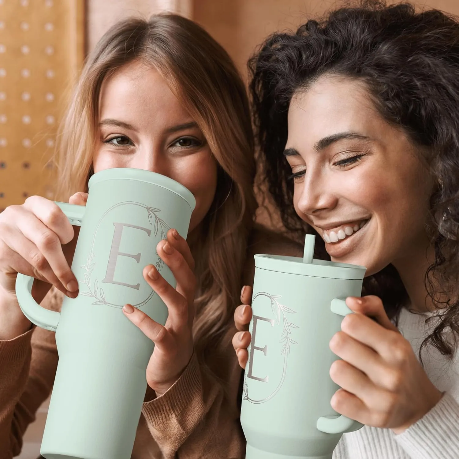 Personalized Monogrammed Tumbler with Handle 40oz, Letter E Tumblers Insulated Coffee Travel Cup, Custom Initial Gift for Women Girls Friends, Monogram Gift for Christmas Birthday Mothers Day