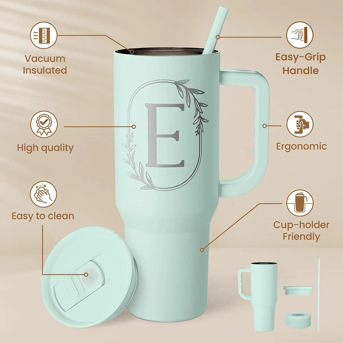 Personalized Monogrammed Tumbler with Handle 40oz, Letter E Tumblers Insulated Coffee Travel Cup, Custom Initial Gift for Women Girls Friends, Monogram Gift for Christmas Birthday Mothers Day