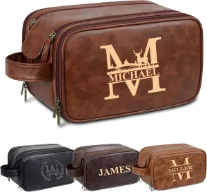 Personalized Toiletry Bag for Men - Custom Engraved Leather Dopp Kit with Name or Initials - Gift for Dad, Husband, Groomsmen, Best Man – Birthday, Wedding, Father’s Day - Engraved in USA (Model 01)