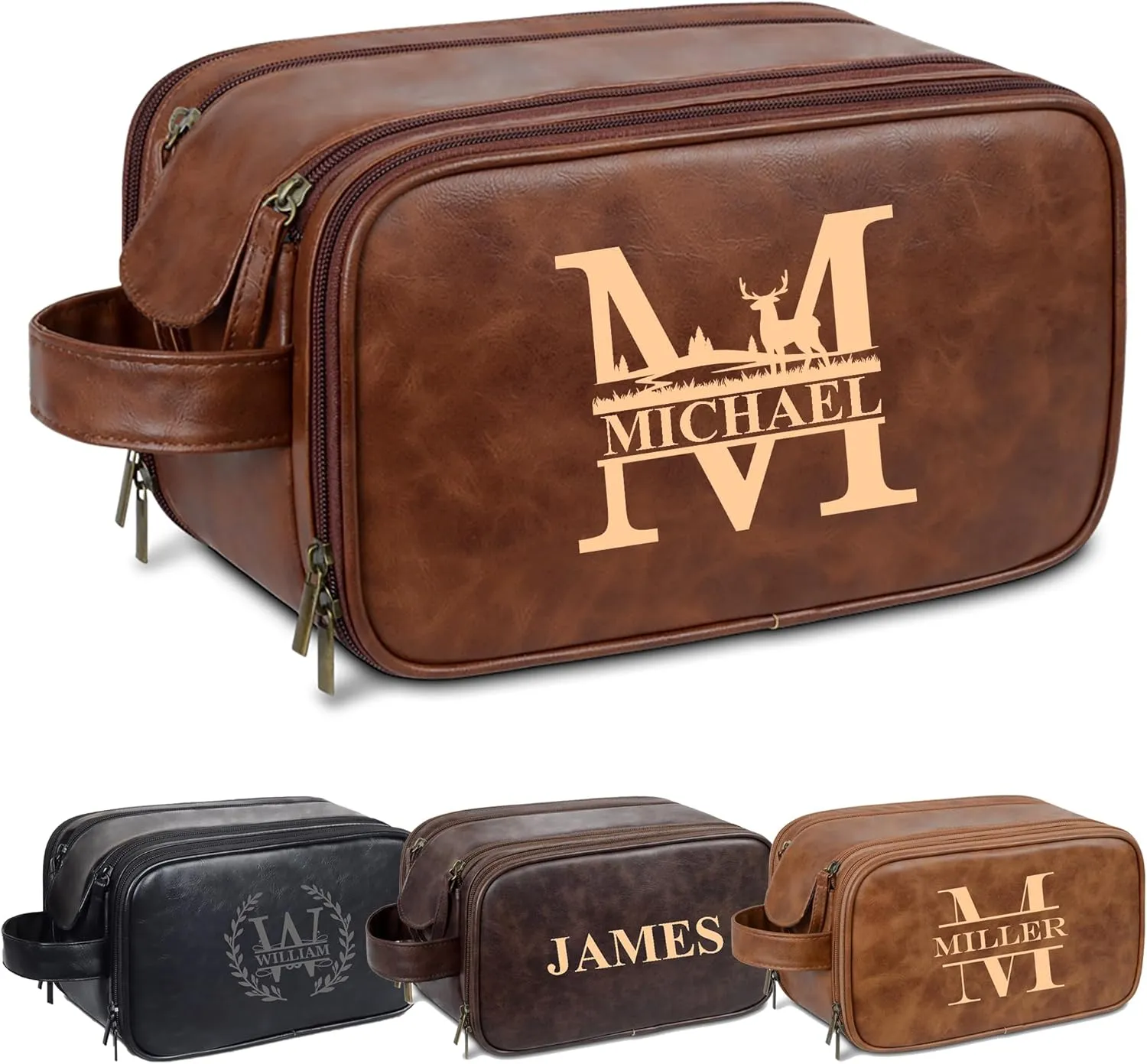 Personalized Toiletry Bag for Men - Custom Engraved Leather Dopp Kit with Name or Initials - Gift for Dad, Husband, Groomsmen, Best Man – Birthday, Wedding, Father’s Day - Engraved in USA (Model 01)