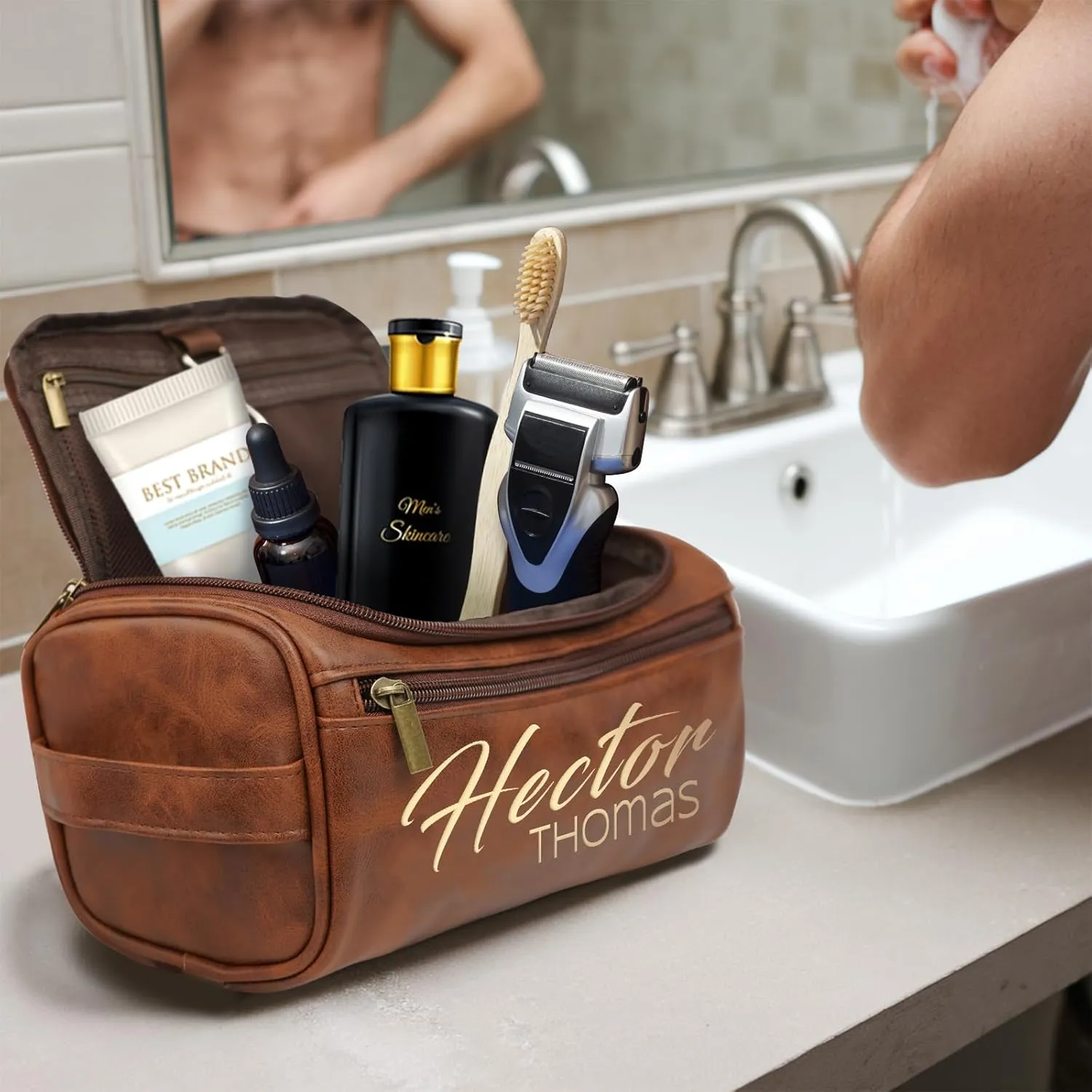 Personalized Toiletry Bag Gifts for Men, Him, Son, Dad, Boyfriend, Leather Travel Dopp Kit Shaving Bathroom Bag, Engraved with Name & Initial, Bathroom Toiletries Organizer Leather Cosmetic Bags