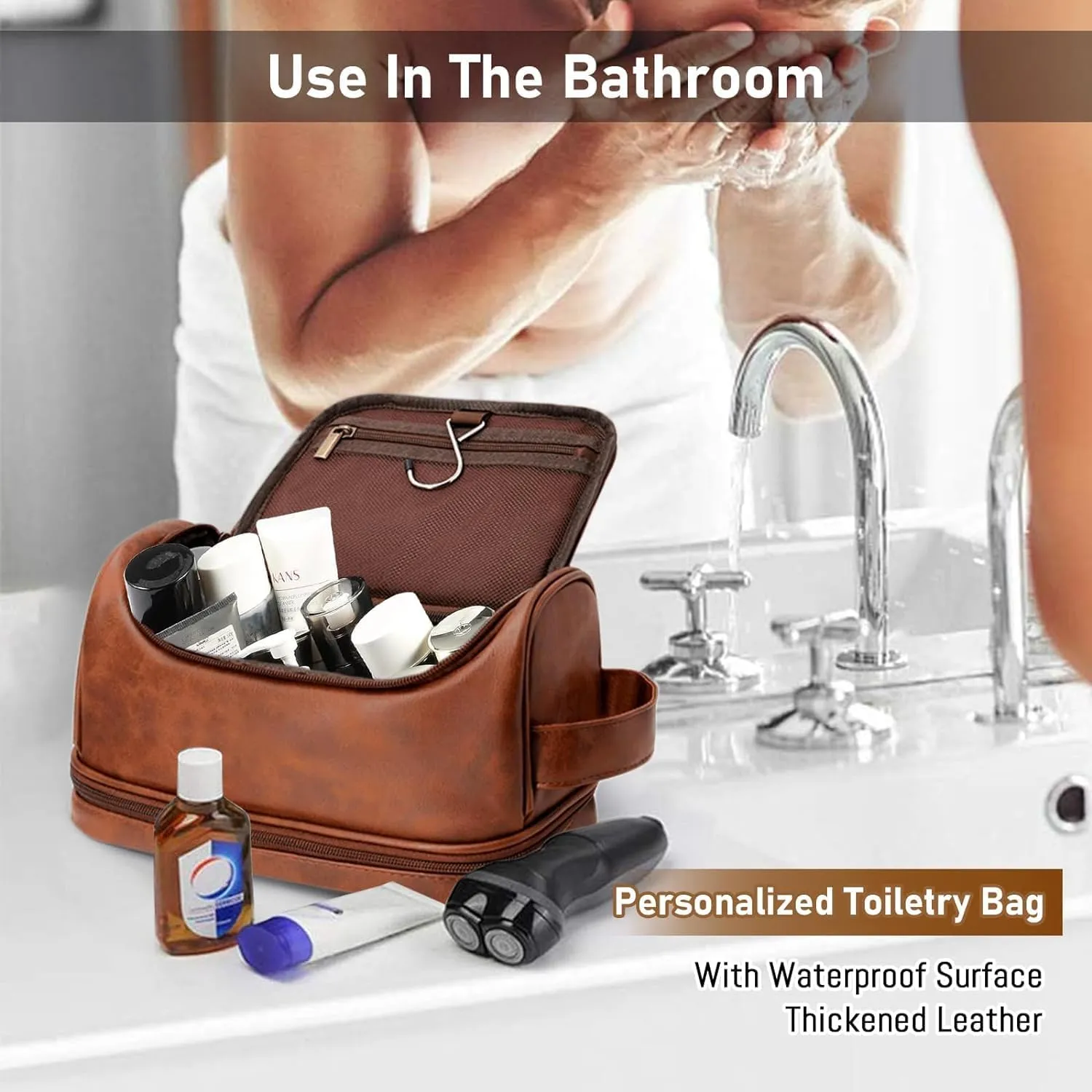 Personalized Toiletry Bag Hanging Travel Organizer for Men, Customized Large Capacity Bag Engraved Name Text, Custom Waterproof PU Leather Bathroom Dopp Shaving Kit Dad Birthday Groomsmen Wedding Gift