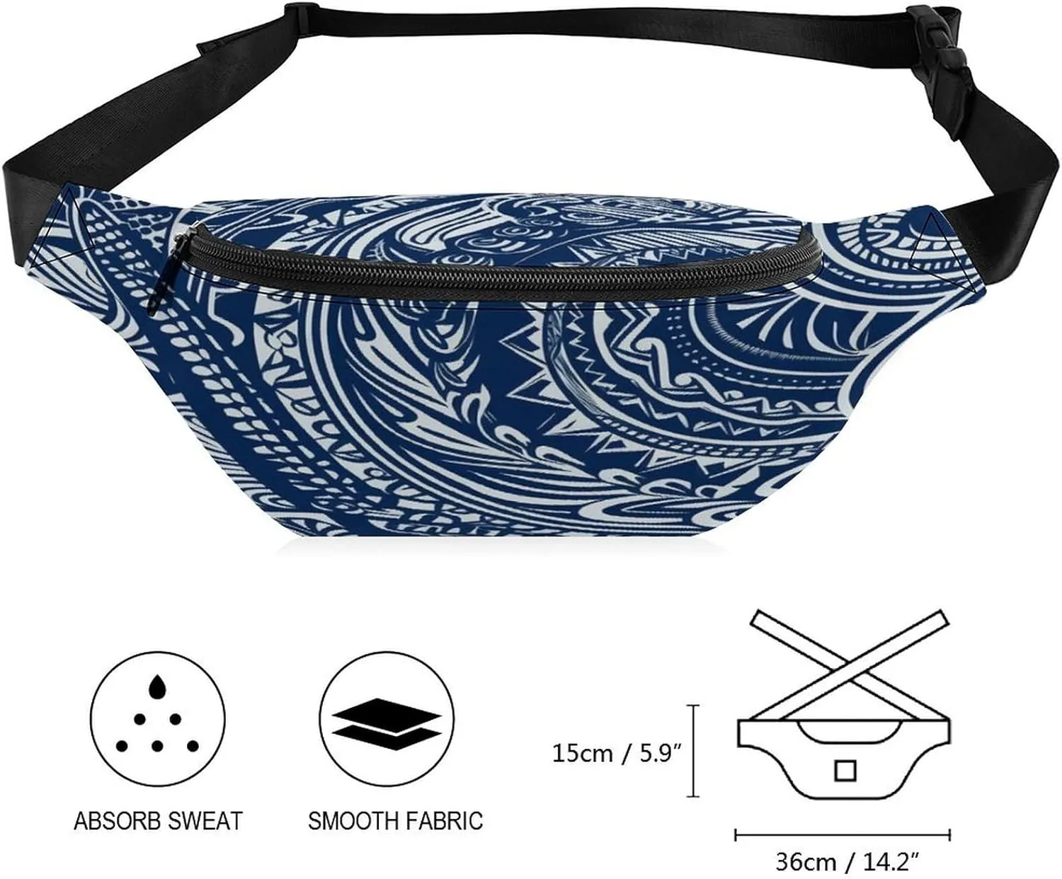 Personalized Waist Packs with Adjustable Strap,Blue Polynesian Maori Tribal Pattern CrossBody Fanny Pack Casual Bag for Travel Sports Running Hiking