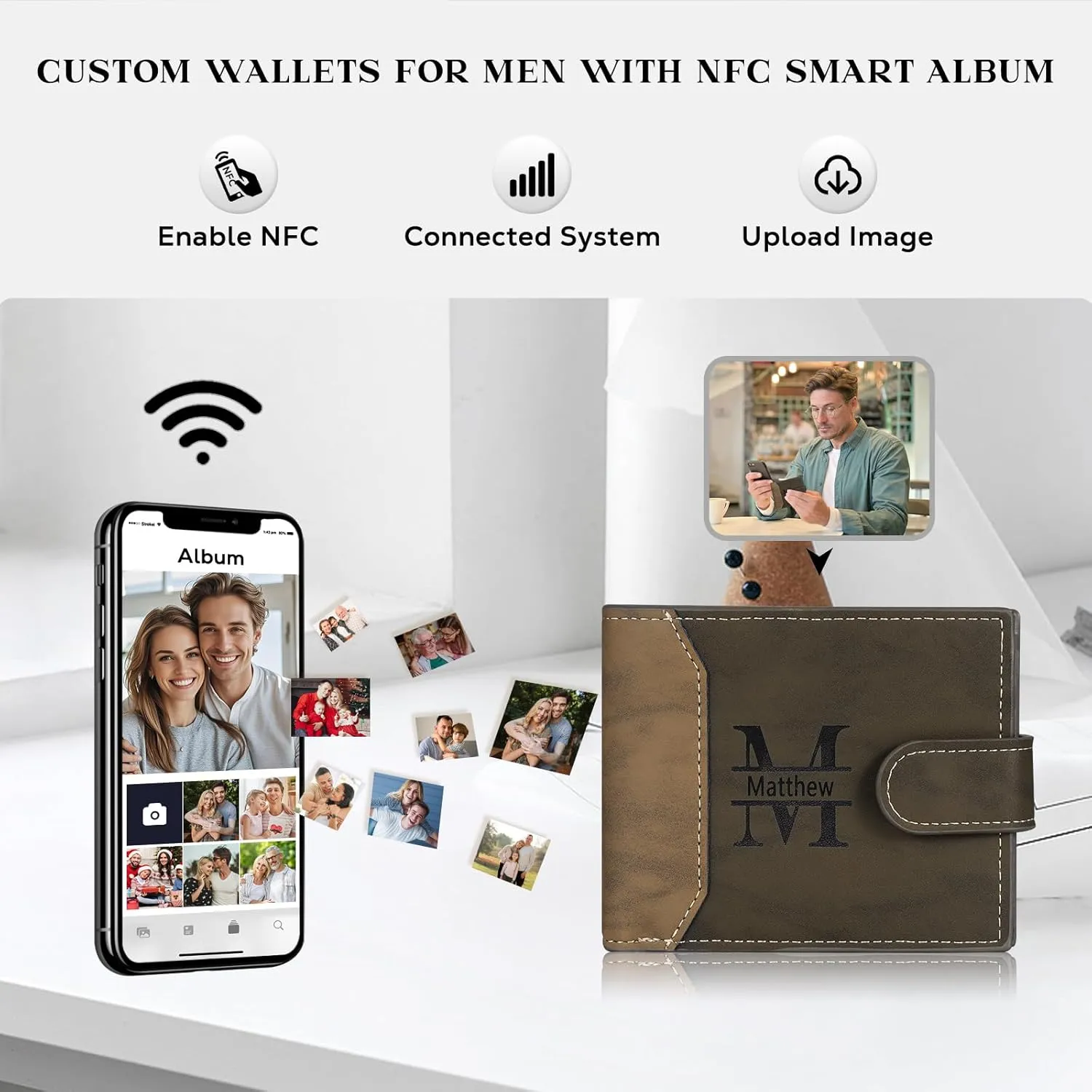 Personalized Wallet for Men – Custom Engraved Leather Wallet with NFC Smart Album – Store Photos & Engrave Name/Text – Unique Gift for Husband, Boyfriend, Dad (Dark Brown-With Snap Button)