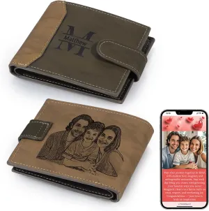 Personalized Wallet for Men – Custom Engraved Leather Wallet with NFC Smart Album – Store Photos & Engrave Name/Text – Unique Gift for Husband, Boyfriend, Dad (Dark Brown-With Snap Button)