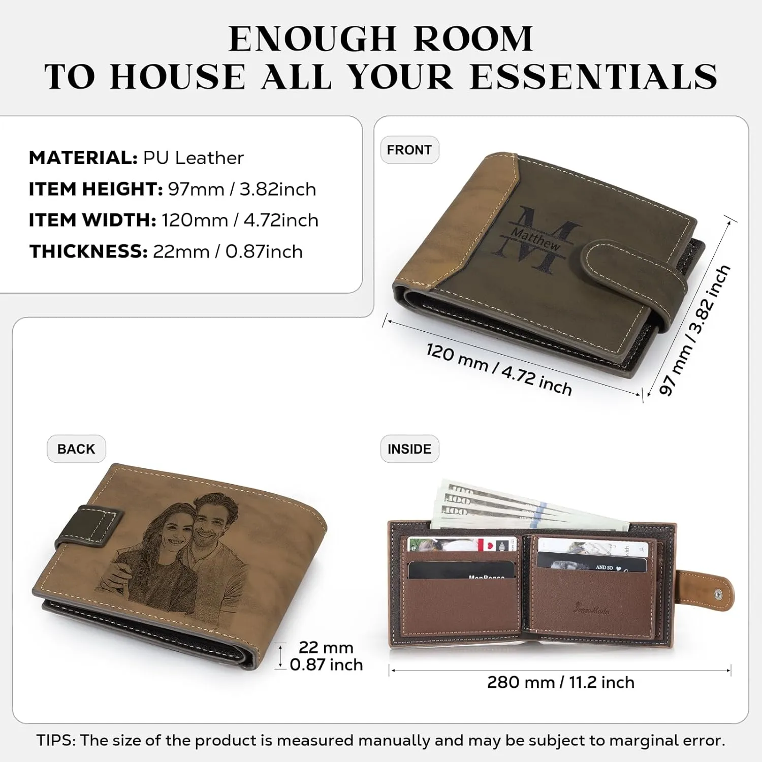 Personalized Wallet for Men – Custom Engraved Leather Wallet with NFC Smart Album – Store Photos & Engrave Name/Text – Unique Gift for Husband, Boyfriend, Dad (Dark Brown-With Snap Button)