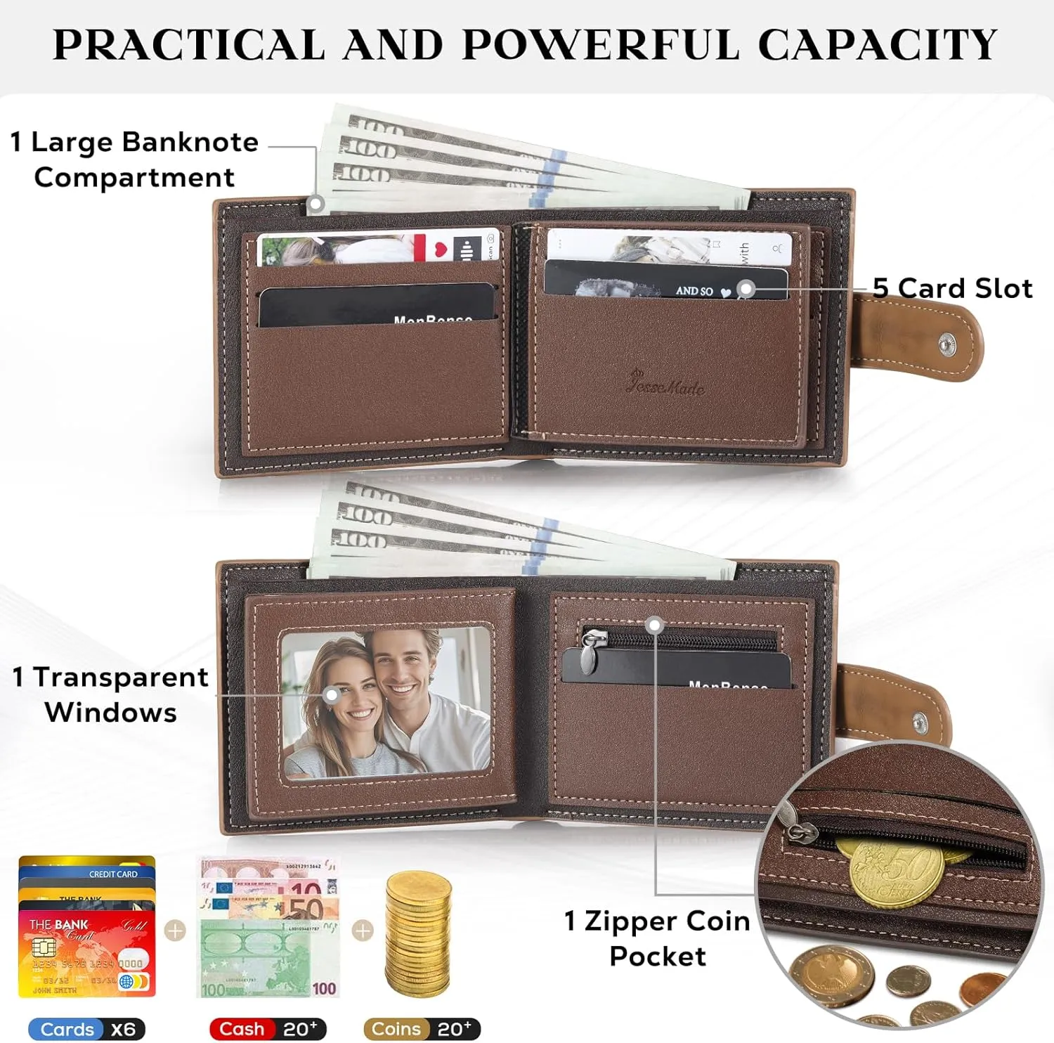 Personalized Wallet for Men – Custom Engraved Leather Wallet with NFC Smart Album – Store Photos & Engrave Name/Text – Unique Gift for Husband, Boyfriend, Dad (Dark Brown-With Snap Button)