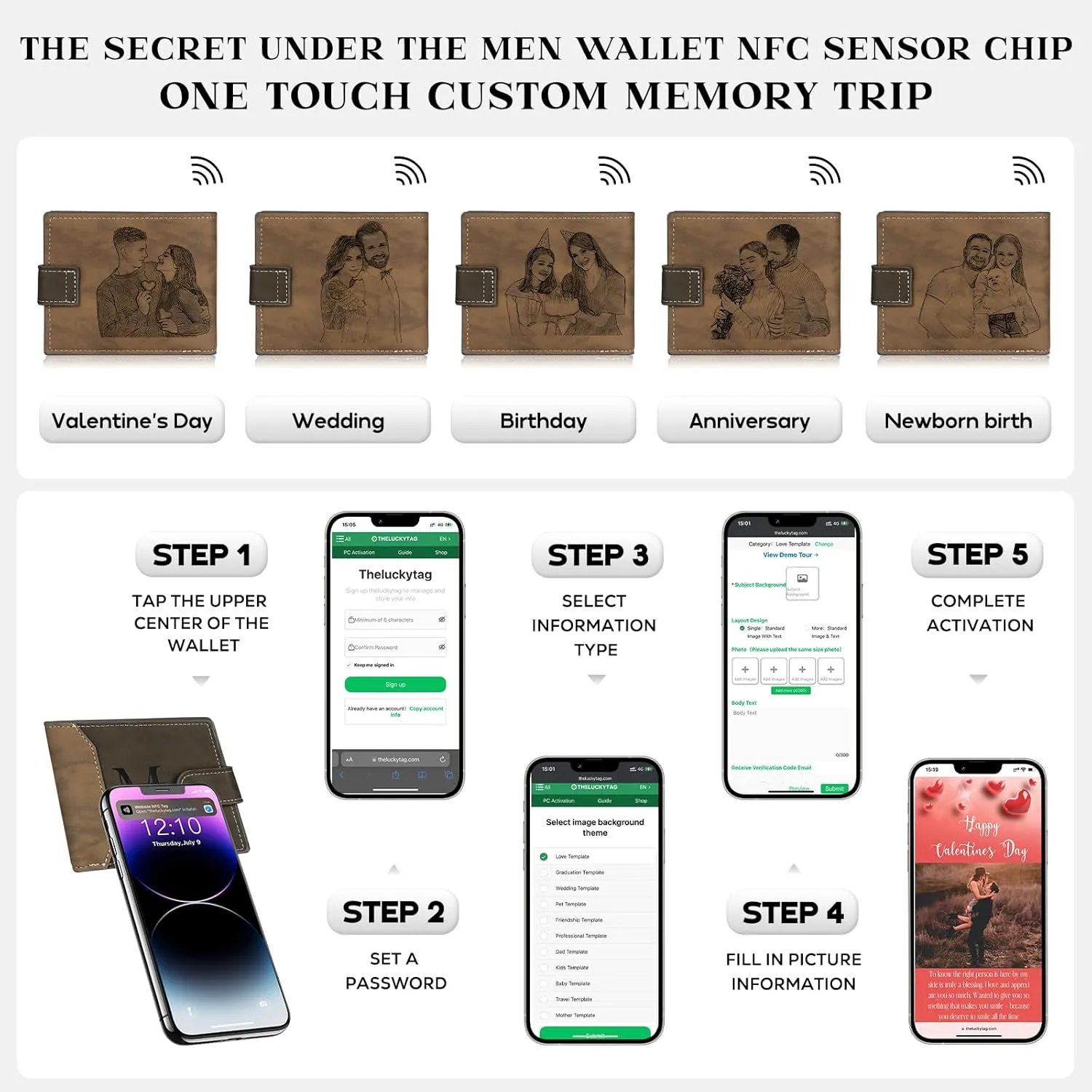 Personalized Wallet for Men – Custom Engraved Leather Wallet with NFC Smart Album – Store Photos & Engrave Name/Text – Unique Gift for Husband, Boyfriend, Dad (Dark Brown-With Snap Button)