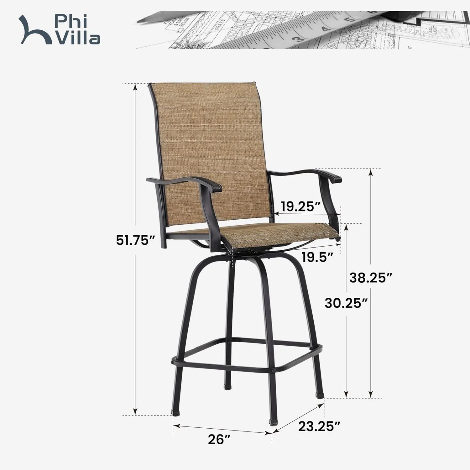 PHI VILLA Outdoor Swivel Bar Stools Set of 2, Bar Height Patio Chairs 30" Seat Height with All-Weather Brown Textilene Fabric, Tall Patio Chairs Furniture for Outside, Deck, Yard and Garden